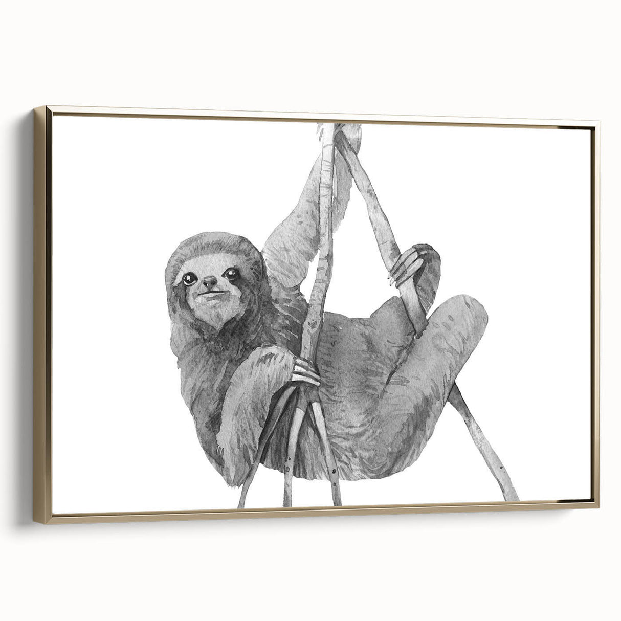 Framed canvas wall art featuring a whimsical sloth design in vibrant colors, set against a golden background, perfect for adding a playful touch to home decor.