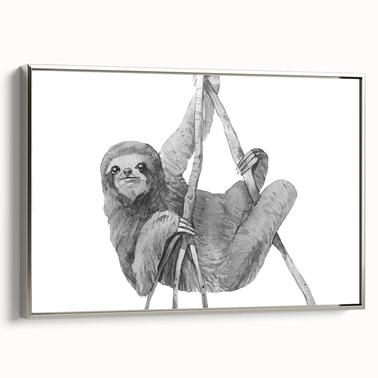 Framed wall art featuring a serene sloth design on canvas, set against a silver frame. This whimsical piece adds a touch of nature-inspired charm to any room.