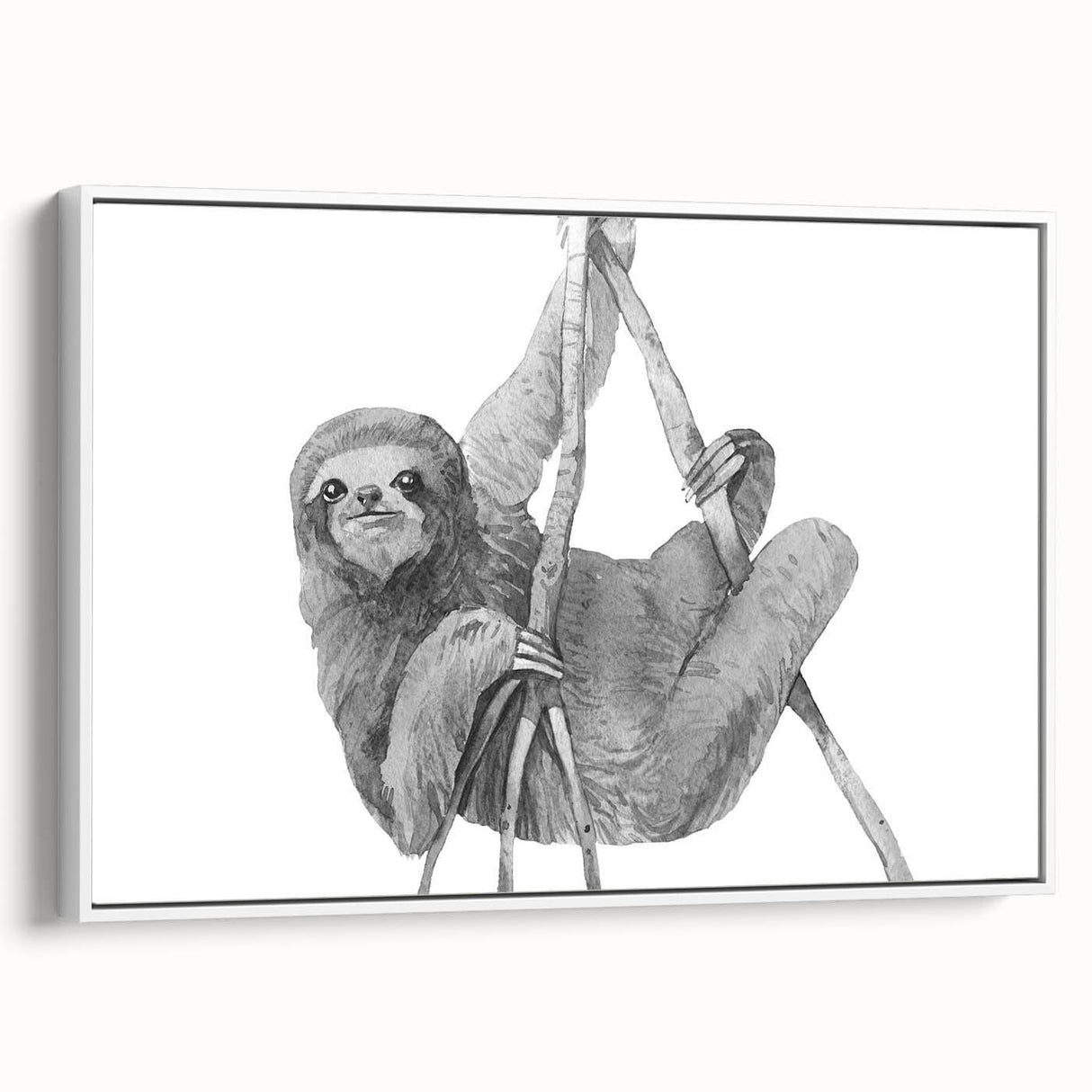 Framed canvas wall art featuring a sloth design, showcasing vibrant colors and intricate details against a white background, perfect for animal lovers and home decor.