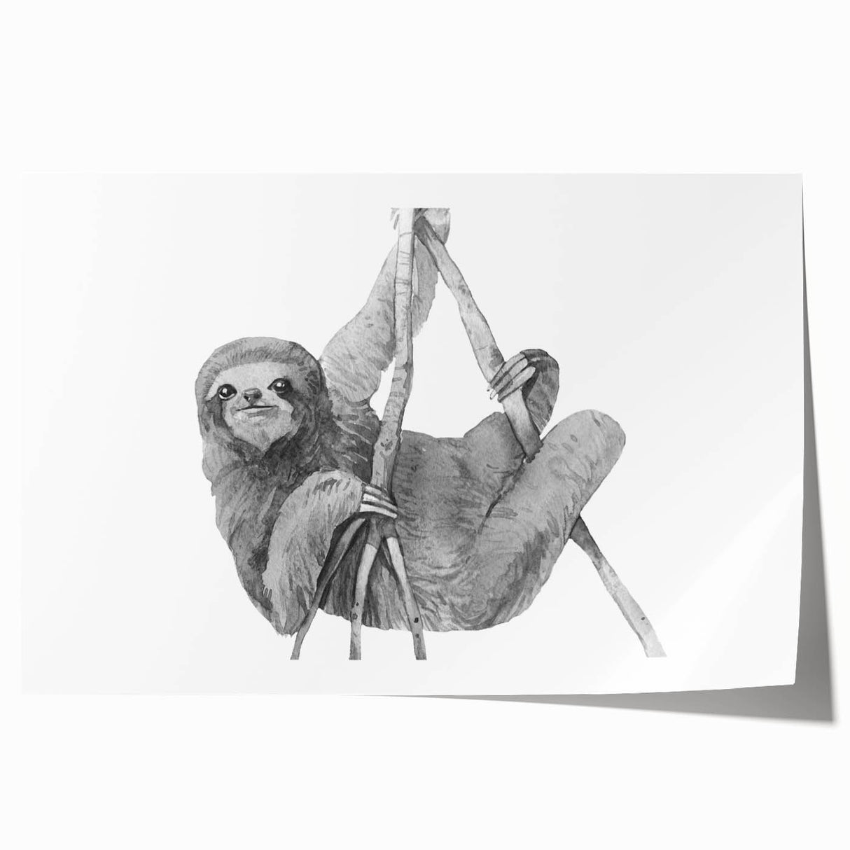 Sloth wall art print showcasing a vibrant design featuring a sloth hanging from a tree branch, ideal for animal lovers and home decor enthusiasts.