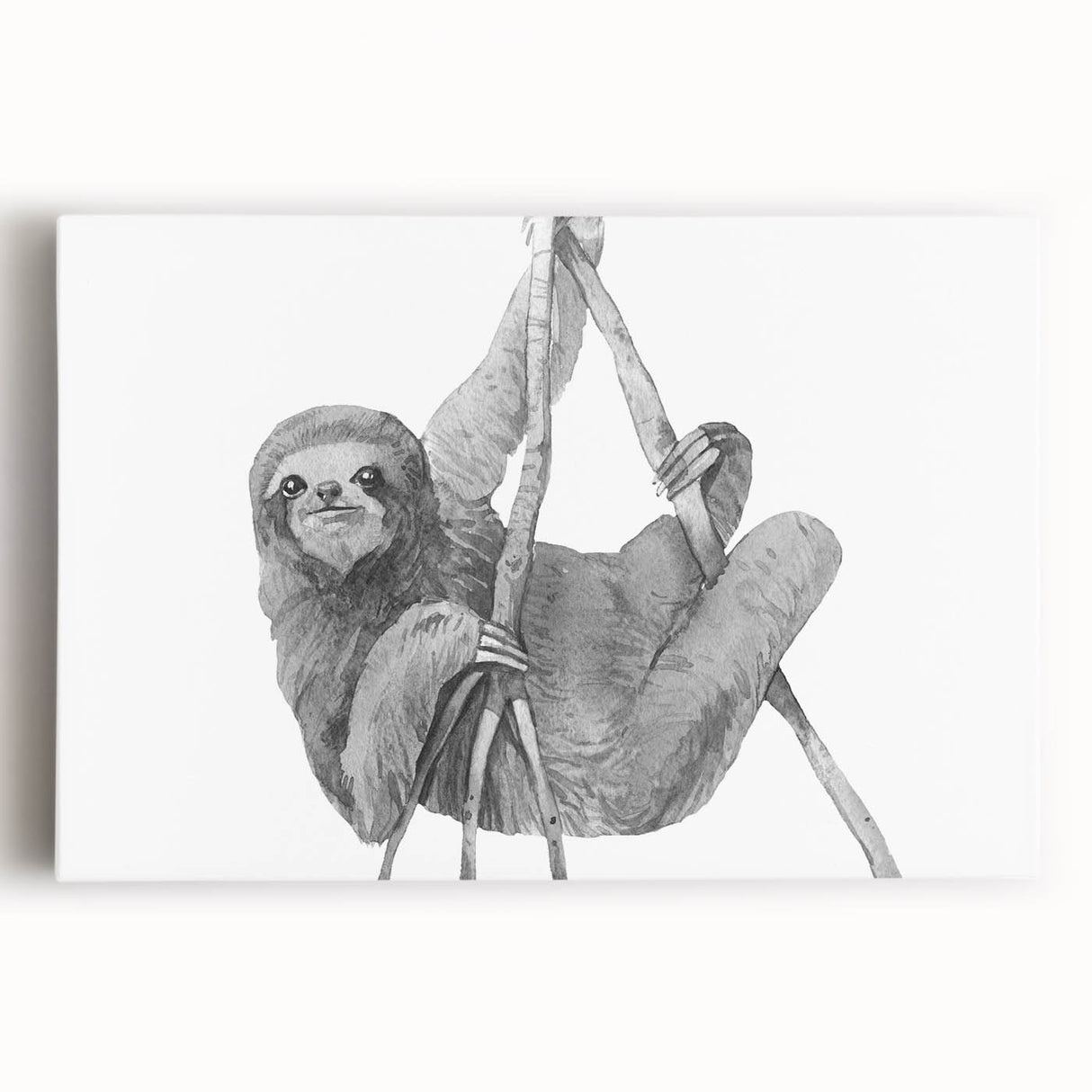 Sloth design stretched canvas wall art featuring a vibrant, colorful illustration of a sloth hanging from a tree branch, perfect for adding a whimsical touch to any room decor.