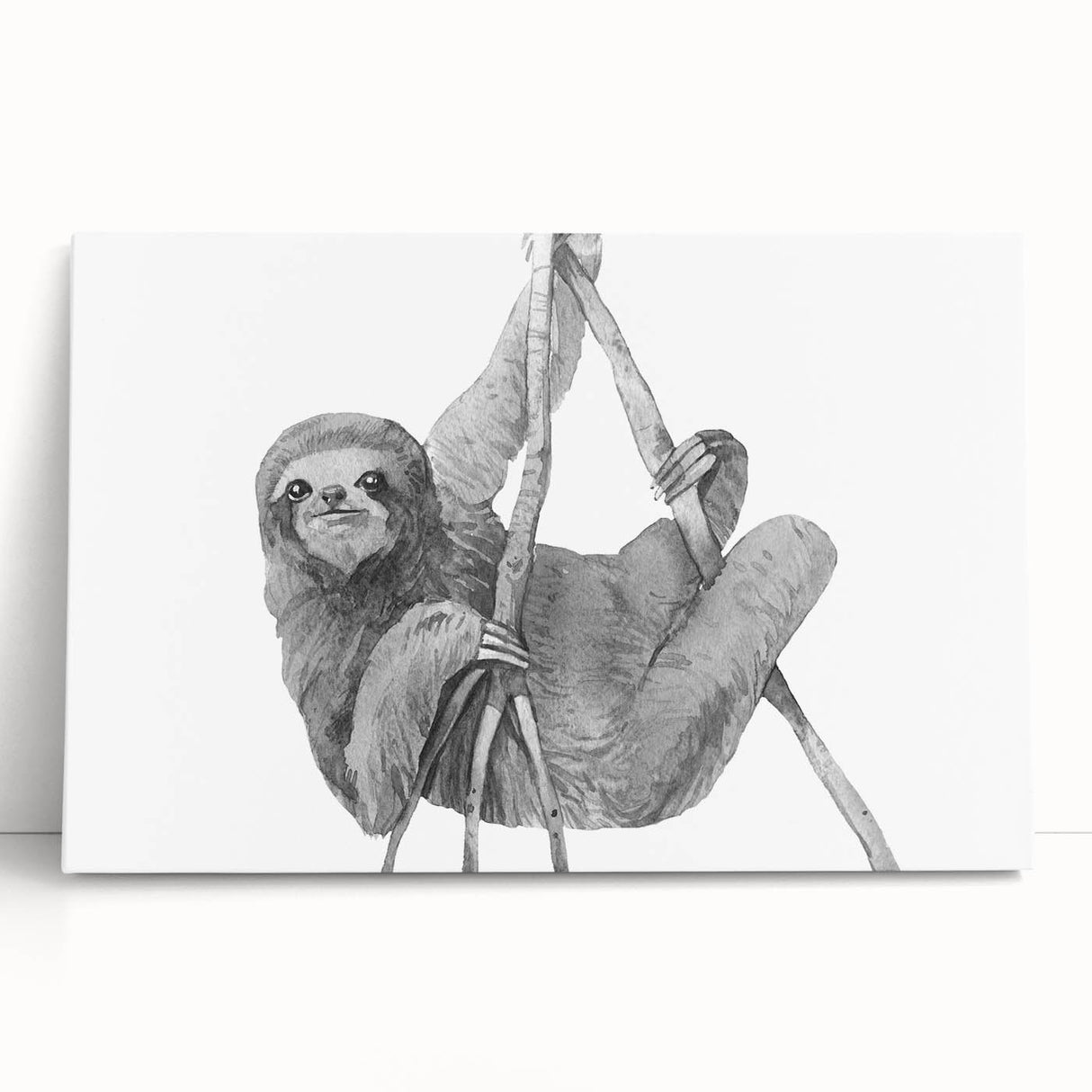 Sloth wall art design on a stretched canvas displaying vibrant green foliage, perfect for nature enthusiasts looking to enhance their home decor with wildlife elegance.
