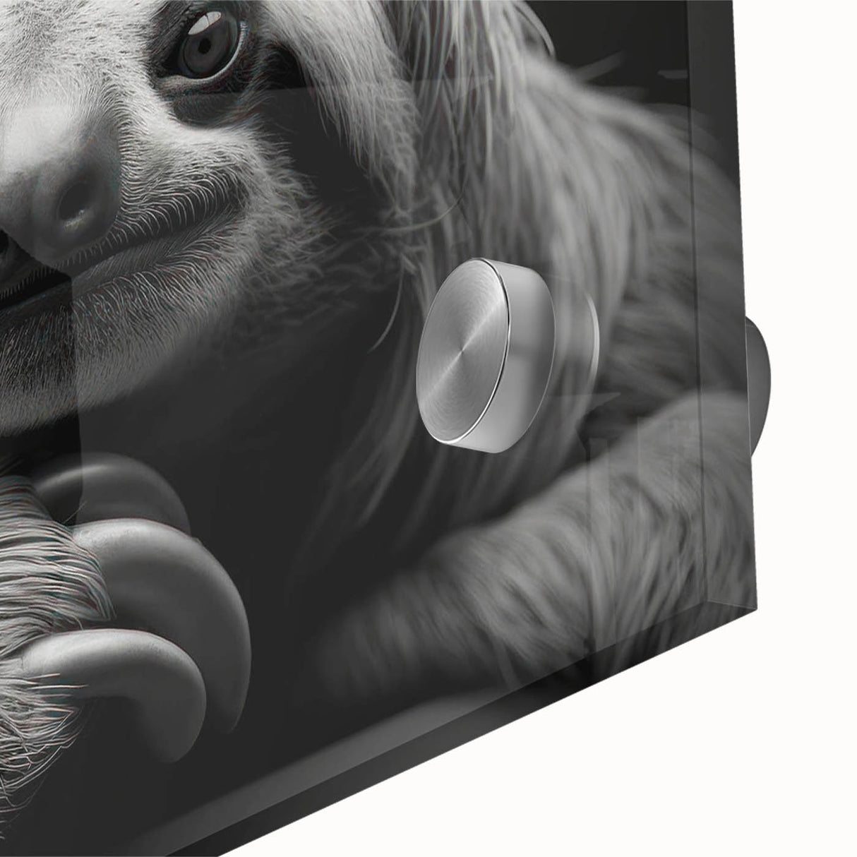 Close-up of a vibrant sloth wall art design printed on acrylic glass, showcasing intricate details and vivid colors, perfect for animal lovers and home decor enthusiasts.