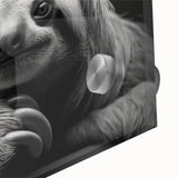 Close-up of a vibrant sloth wall art design printed on acrylic glass, showcasing intricate details and vivid colors, perfect for animal lovers and home decor enthusiasts.