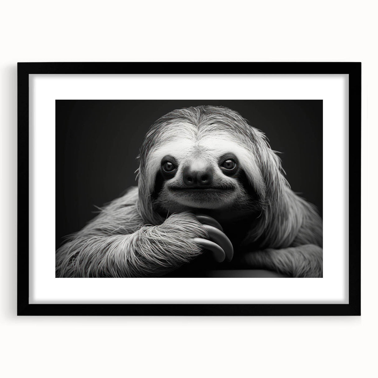 Framed wall art featuring a sloth design from the "A Wild Life" collection, showcasing a black frame and mat, ideal for animal-themed decor enthusiasts.