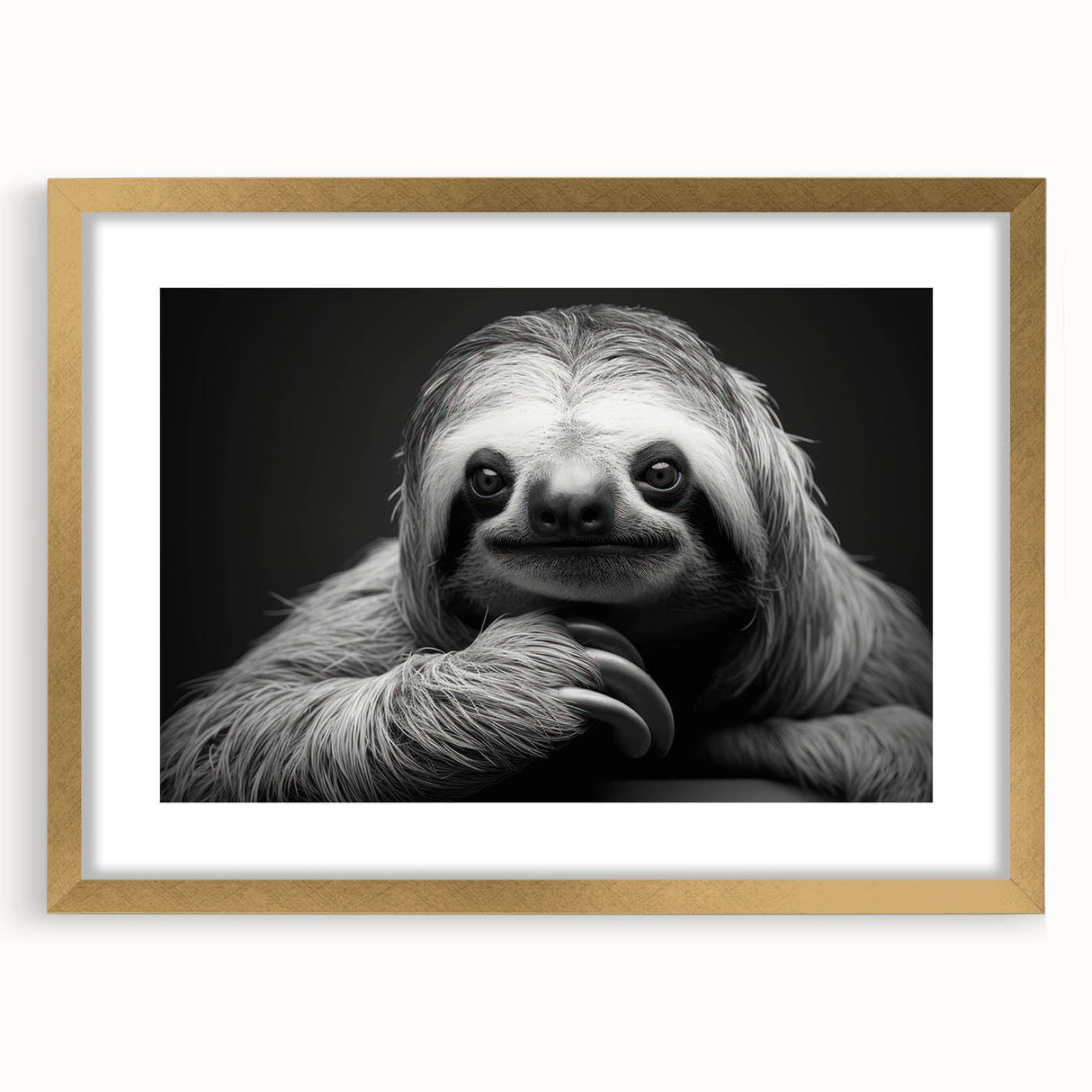 Framed wall art collection featuring a whimsical sloth design, elegantly matted and presented in a gold frame, perfect for animal lovers and home decor enthusiasts.