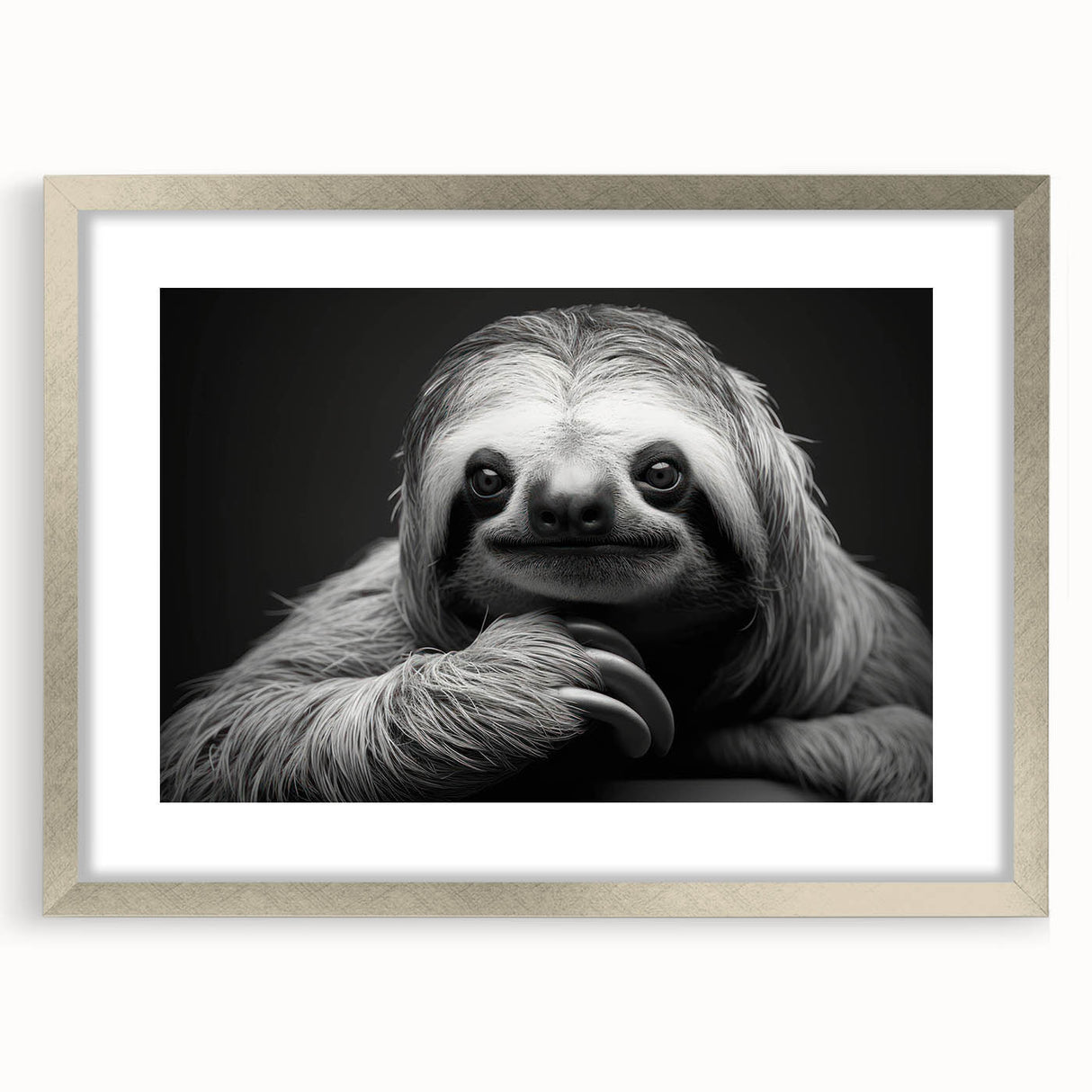 Sloth wall art design in a silver frame with a mat, showcasing vibrant colors and a whimsical illustration, perfect for animal lovers and home decor enthusiasts.