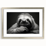 Sloth wall art design in a silver frame with a mat, showcasing vibrant colors and a whimsical illustration, perfect for animal lovers and home decor enthusiasts.