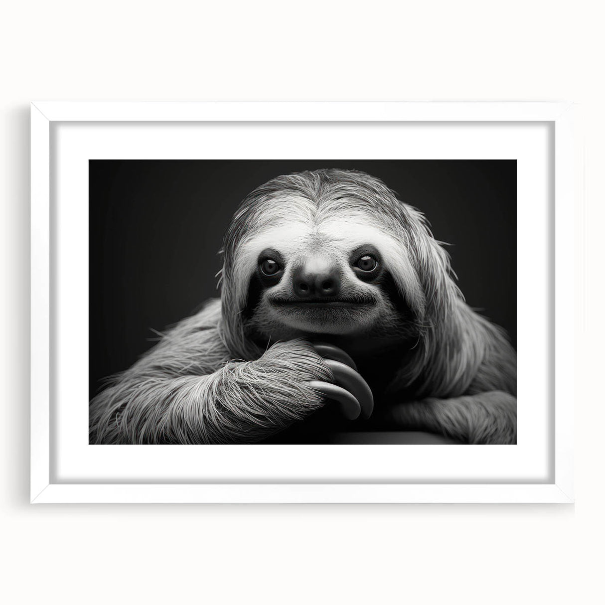 Sloth-themed wall art featuring a colorful design, framed with a white mat, showcasing a whimsical sloth in a natural setting. Perfect for animal lovers and home decor enthusiasts.