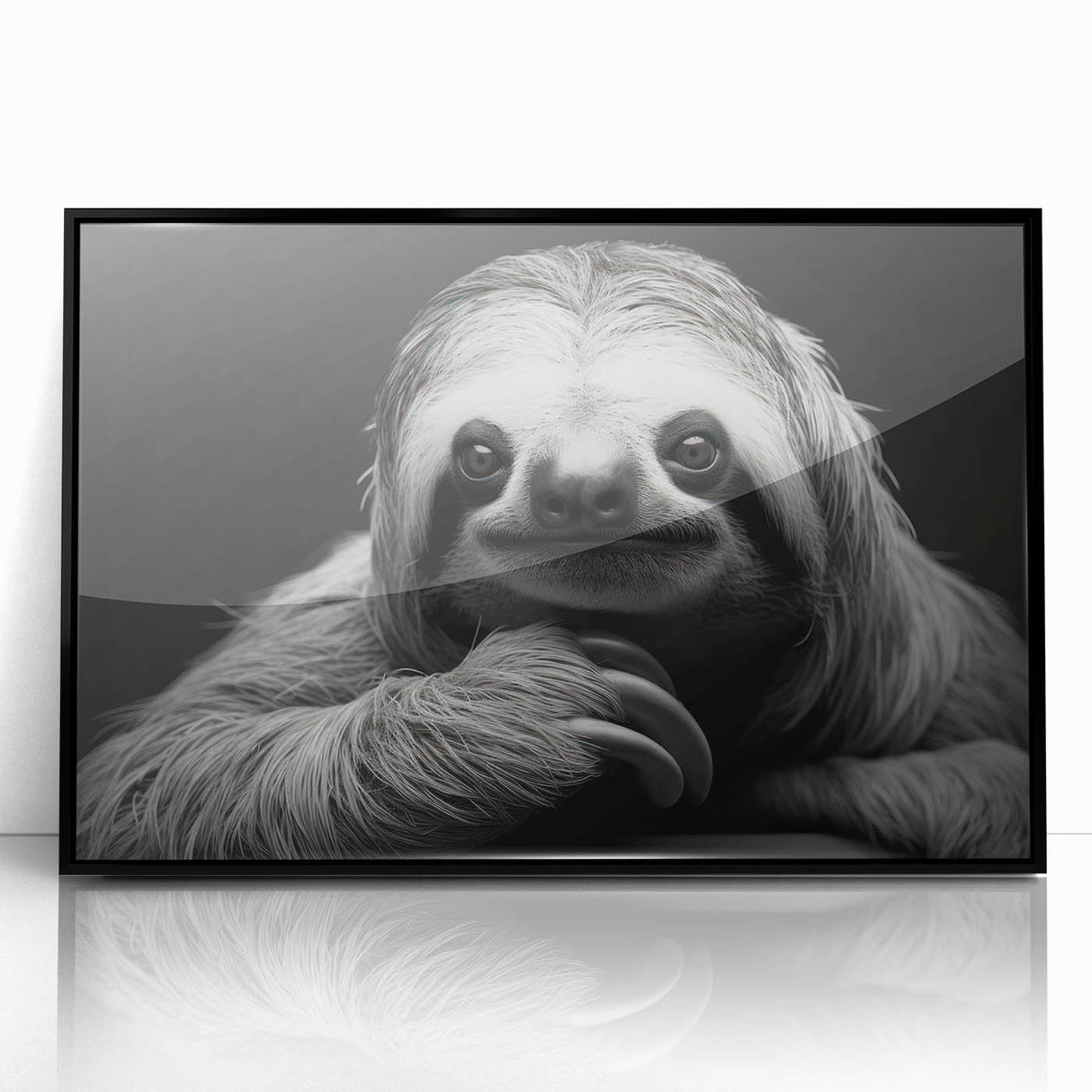 Framed acrylic wall art featuring a sloth design from the 'Animals: A Wild Life' collection, showcasing vibrant colors and a sleek black frame, ideal for nature enthusiasts.