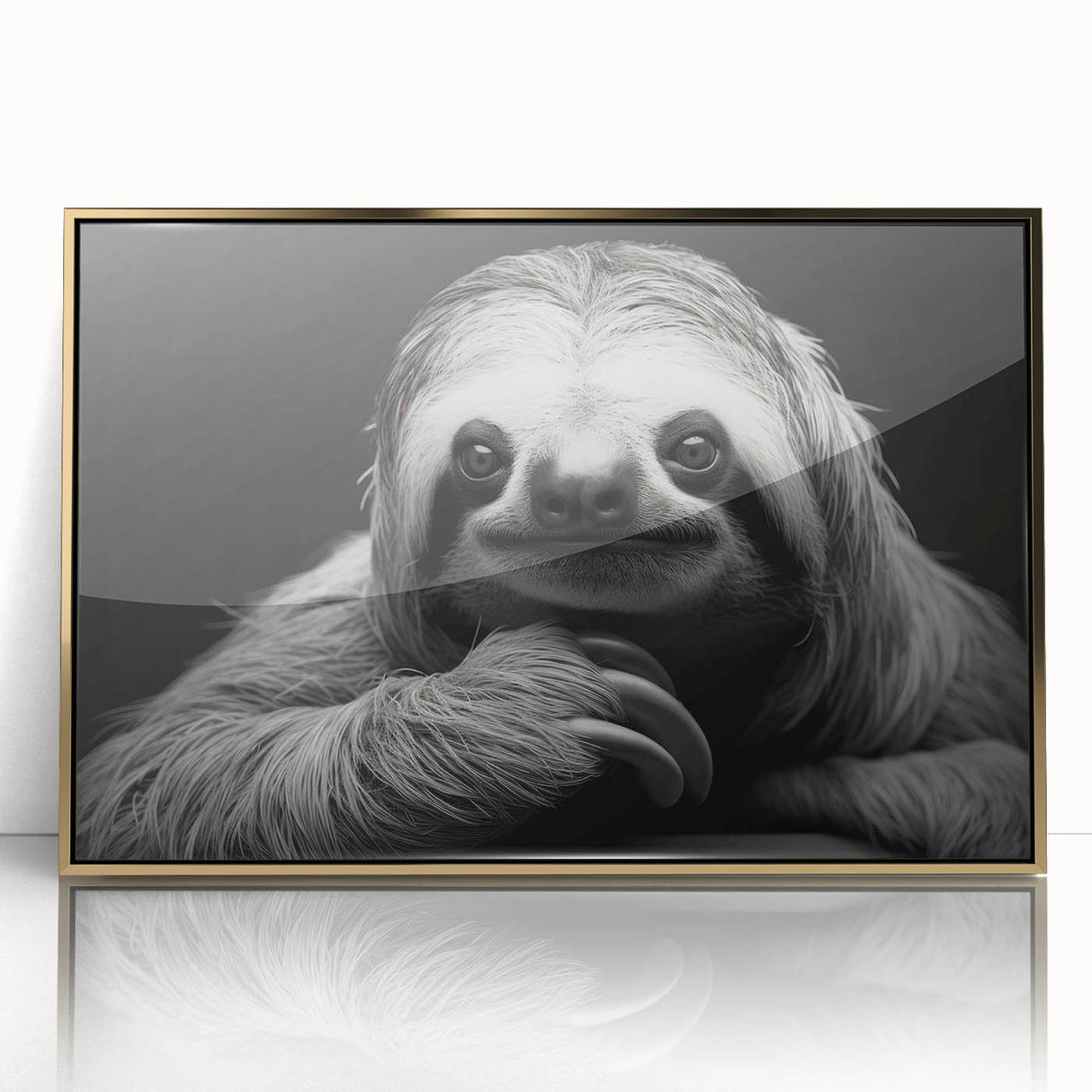 Framed wall art featuring a sloth design in vibrant colors, set against a gold-accented background. Perfect for animal lovers, this unique decor adds a playful touch to any room.
