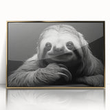 Framed wall art featuring a sloth design in vibrant colors, set against a gold-accented background. Perfect for animal lovers, this unique decor adds a playful touch to any room.