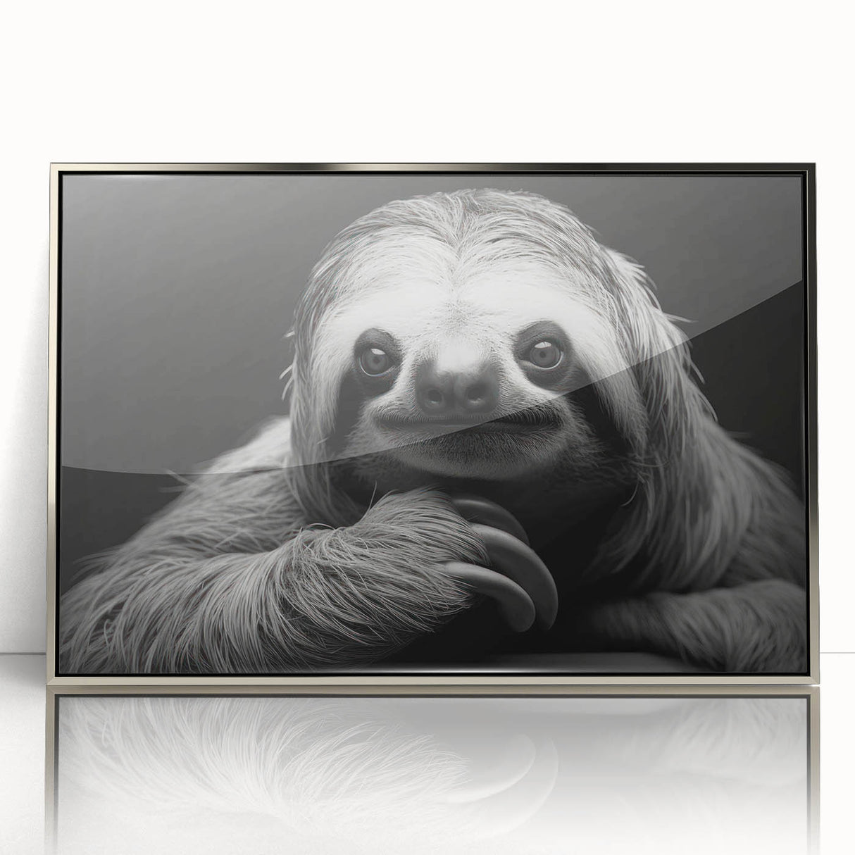 Framed wall art featuring a sloth design from the "Animals - A Wild Life" collection, showcasing a silver-acrylic finish that enhances its vibrant colors. This decorative piece adds a touch of nature-inspired charm to any room.
