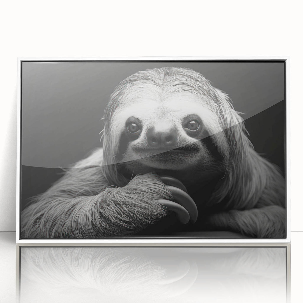 Framed wall art featuring a sloth design in vibrant colors, set against a white background, perfect for adding a whimsical touch to any room decor.