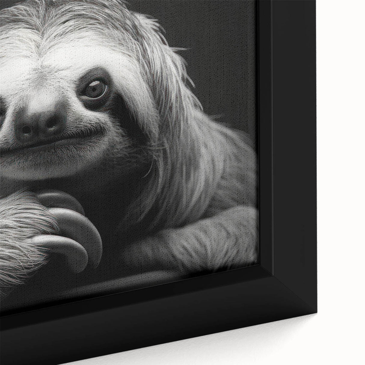 Close-up of a framed canvas wall art depicting a sloth in its natural habitat, showcasing vibrant greens and detailed textures, perfect for wildlife enthusiasts.