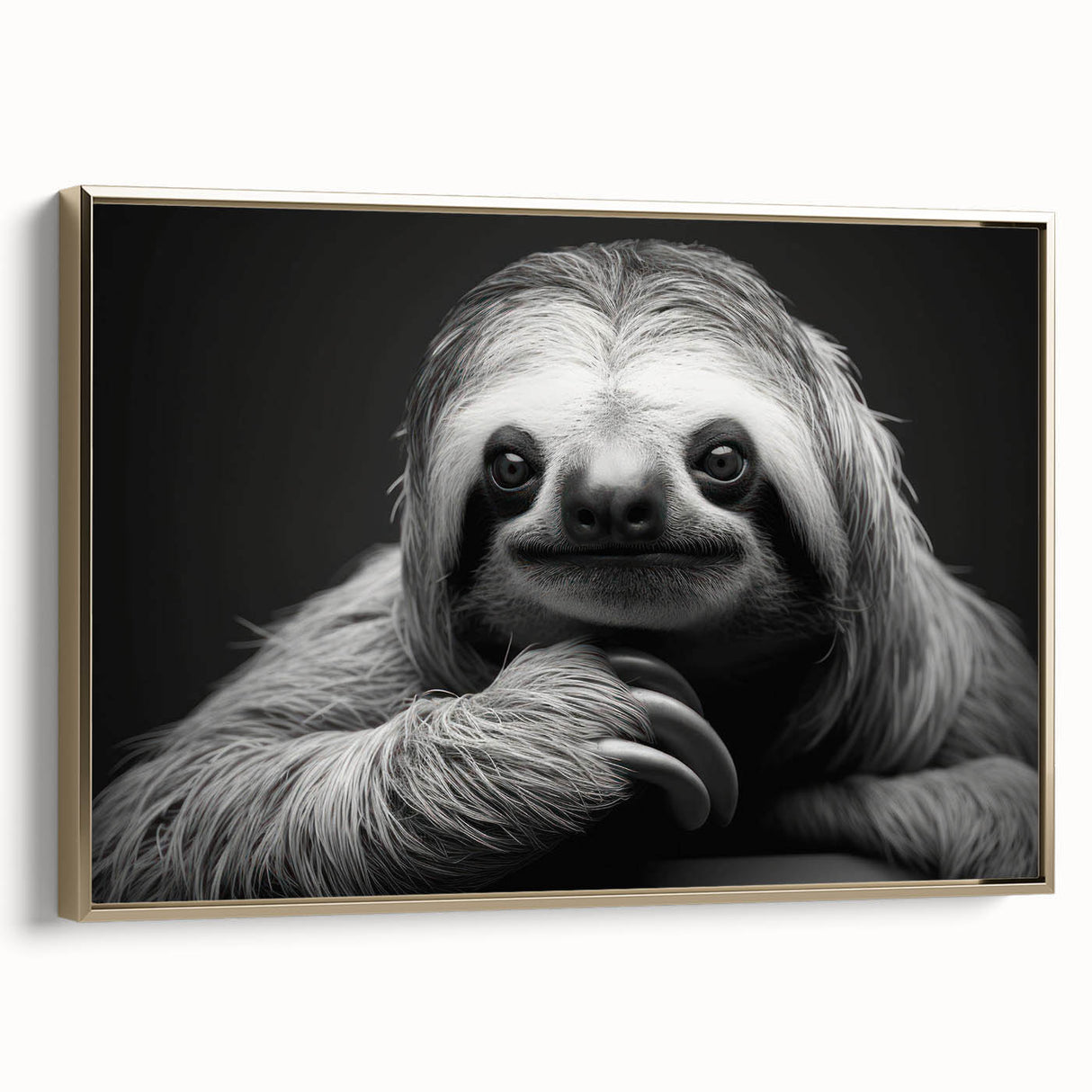 Framed wall art featuring a sloth design, showcasing a vibrant, colorful illustration with a gold frame, perfect for animal lovers and nature-themed decor.