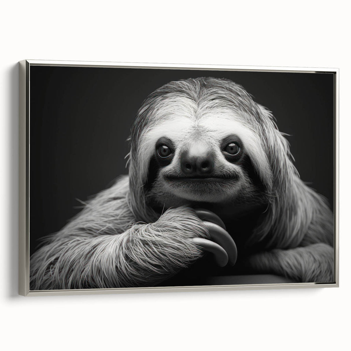 Framed canvas wall art featuring a sloth design from the "Animals A Wild Life" collection, showcasing a silver frame and vibrant colors, ideal for nature lovers.