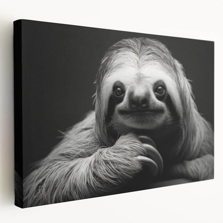 Sloth-themed wall art printed on stretched canvas, showcasing a vivid design with a side view of a sloth hanging from a branch, perfect for animal lovers' decor.