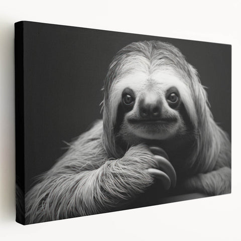 Sloth-themed wall art printed on stretched canvas, showcasing a vivid design with a side view of a sloth hanging from a branch, perfect for animal lovers' decor.