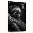 Acrylic glass wall art featuring a sloth design from the Animals A Wild Life collection, displayed from the side with metal pins for hanging, showcasing vibrant colors and detailed textures.
