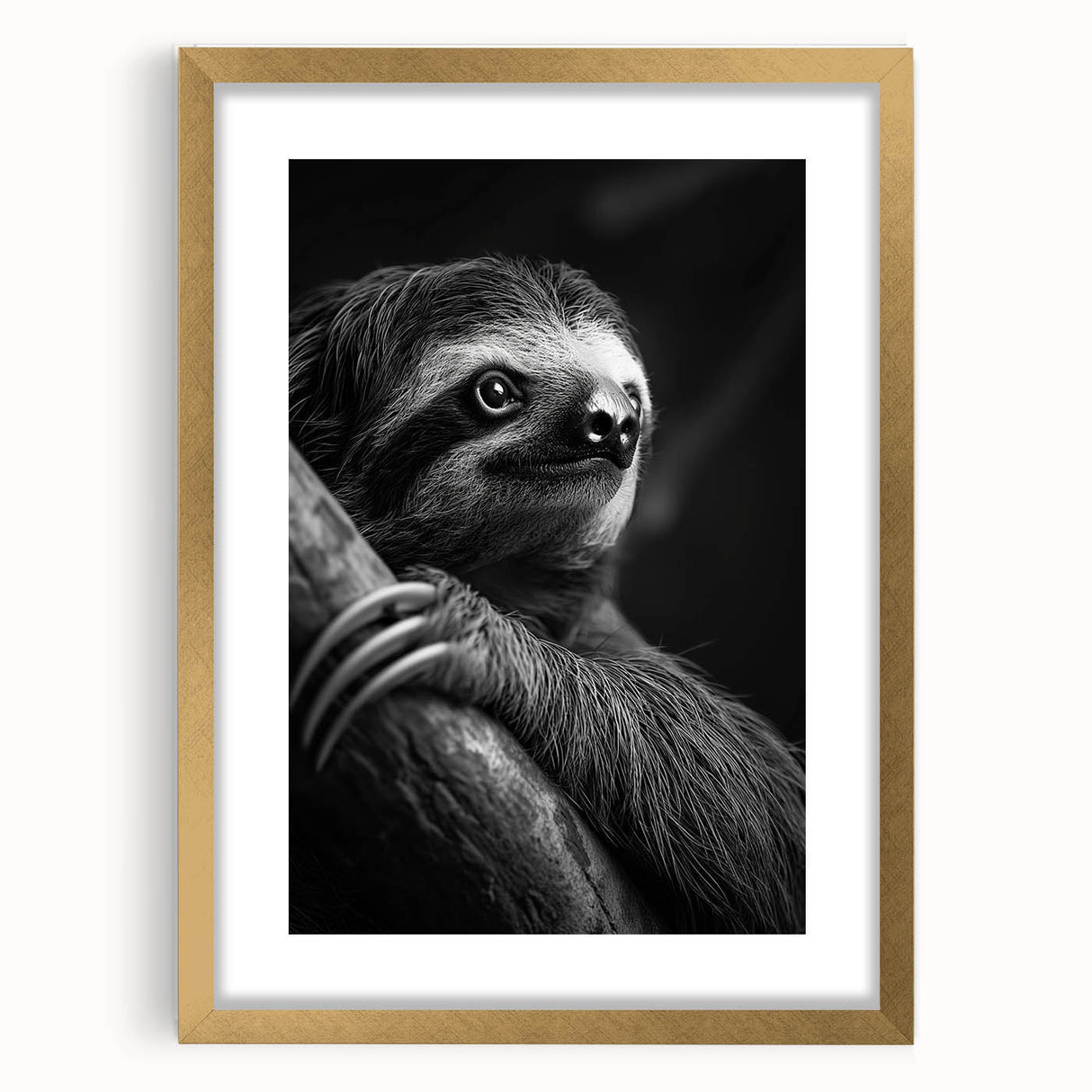 Framed wall art featuring a sloth design with a gold mat, showcasing a playful sloth hanging from a branch, perfect for animal lovers and home decor enthusiasts.
