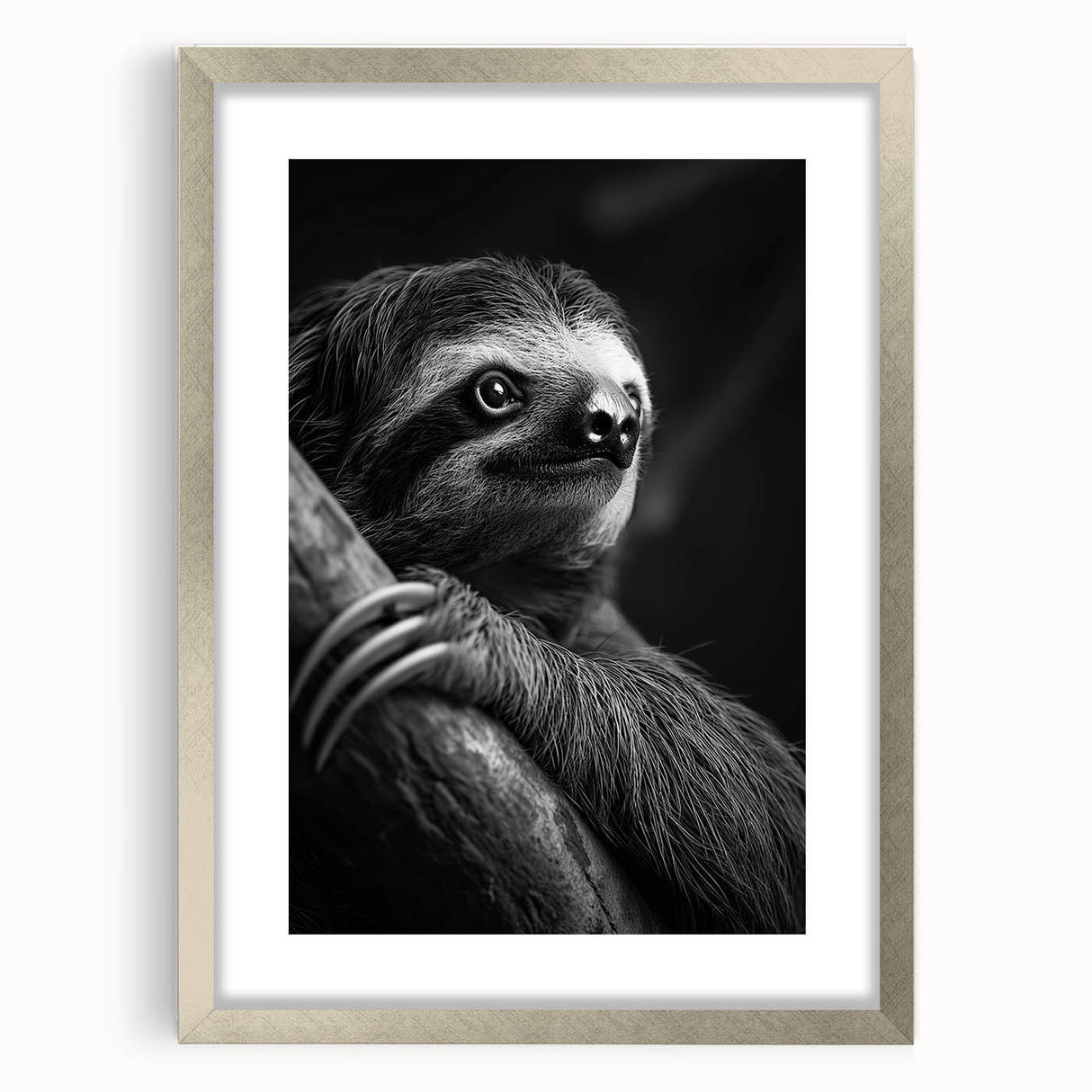 Framed sloth wall art design showcasing a whimsical sloth hanging from a branch, set in a sleek silver frame with a white mat, perfect for nature-themed decor.