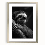 Framed sloth wall art design showcasing a whimsical sloth hanging from a branch, set in a sleek silver frame with a white mat, perfect for nature-themed decor.