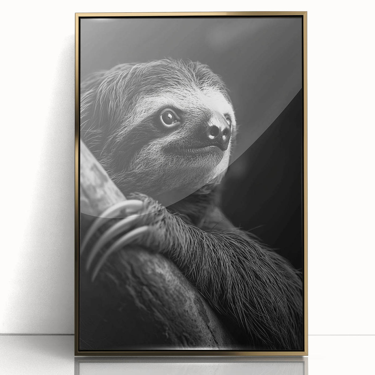 Framed wall art featuring a sloth design, showcasing vibrant colors and intricate details, set in a stylish gold frame, perfect for animal lovers and modern decor.