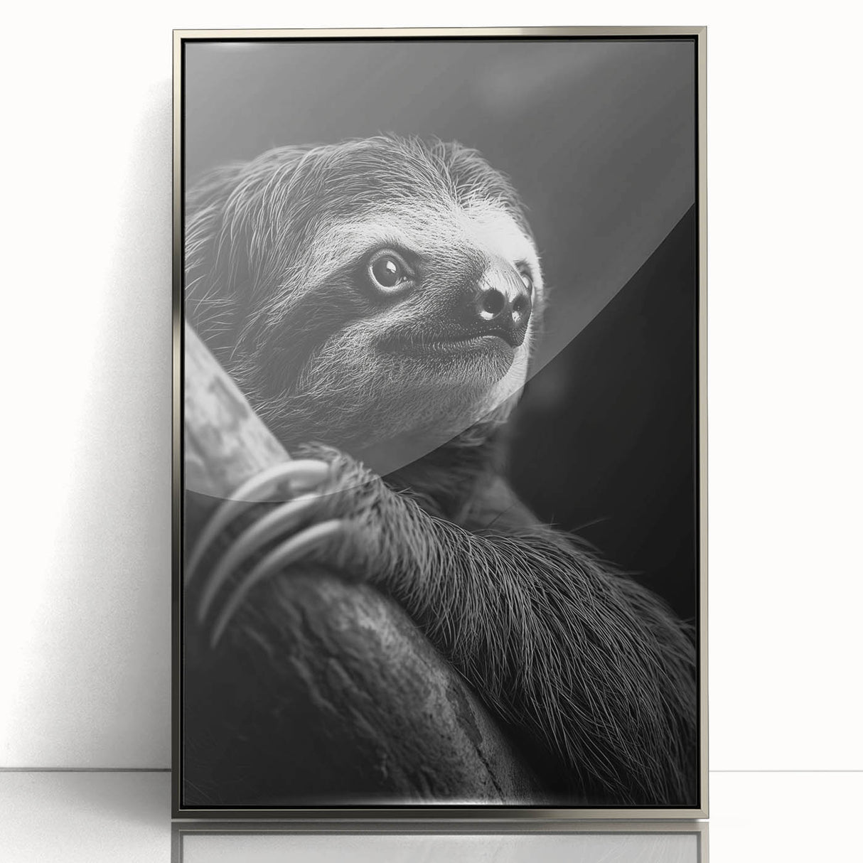 Framed wall art featuring a sloth design in a vibrant, colorful style, displayed with a sleek silver frame, perfect for animal lovers and modern decor enthusiasts.