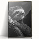 Framed wall art featuring a sloth design in a vibrant, colorful style, displayed with a sleek silver frame, perfect for animal lovers and modern decor enthusiasts.
