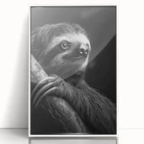 Framed wall art featuring a sloth design from the "Animals of the Wild" collection, showcasing vibrant colors and a sleek white frame, perfect for nature lovers.