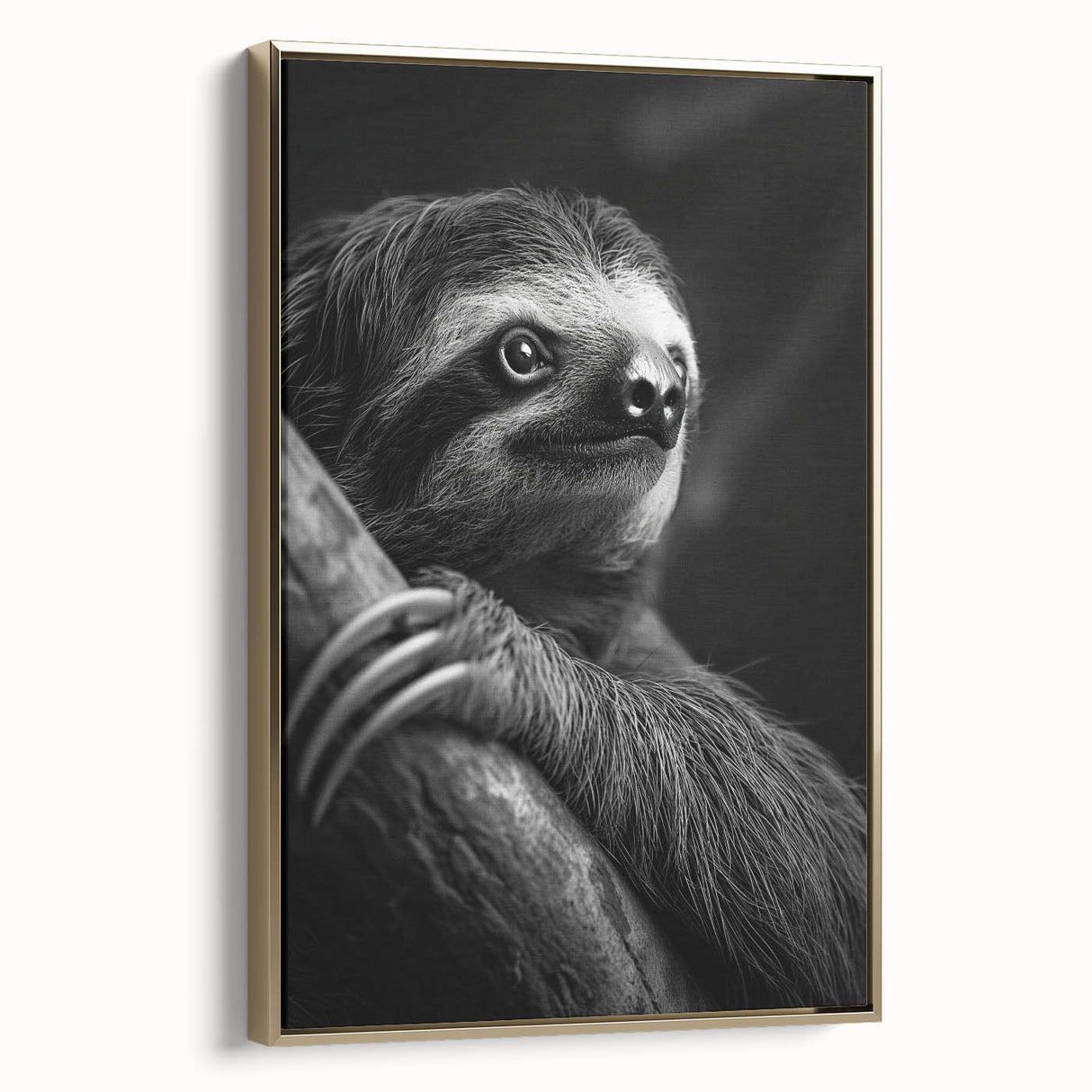 Framed canvas wall art featuring a sloth design in a lush jungle setting, showcasing vibrant greens and gold accents, ideal for animal lovers’ decor.
