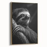 Framed canvas wall art featuring a sloth design in a lush jungle setting, showcasing vibrant greens and gold accents, ideal for animal lovers’ decor.