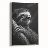 Framed canvas wall art featuring a detailed sloth design from the "Animals: A Wild Life" collection, with a silver frame, showcasing intricate textures and colors. Perfect for nature-themed decor.