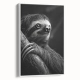 Framed canvas wall art featuring a sloth design in a whimsical style, set against a white background, ideal for animal lovers and modern home decor.