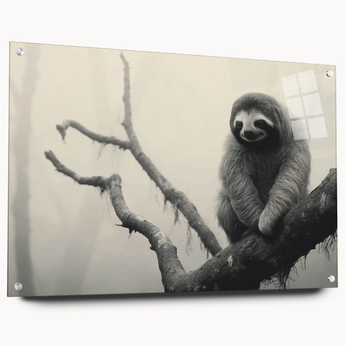 Side view of a sloth-themed wall art piece made from acrylic glass, showcasing vibrant colors and intricate details, ideal for animal lovers' home decor.