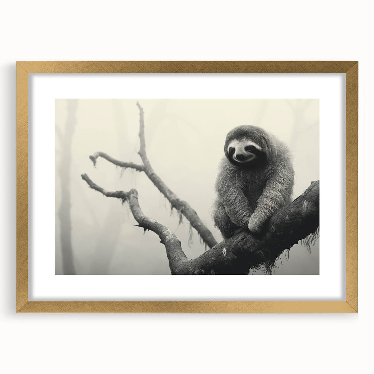 Sloth-themed wall art collection featuring a stylish gold frame and mat, showcasing vibrant colors and intricate details, perfect for animal lovers' decor.
