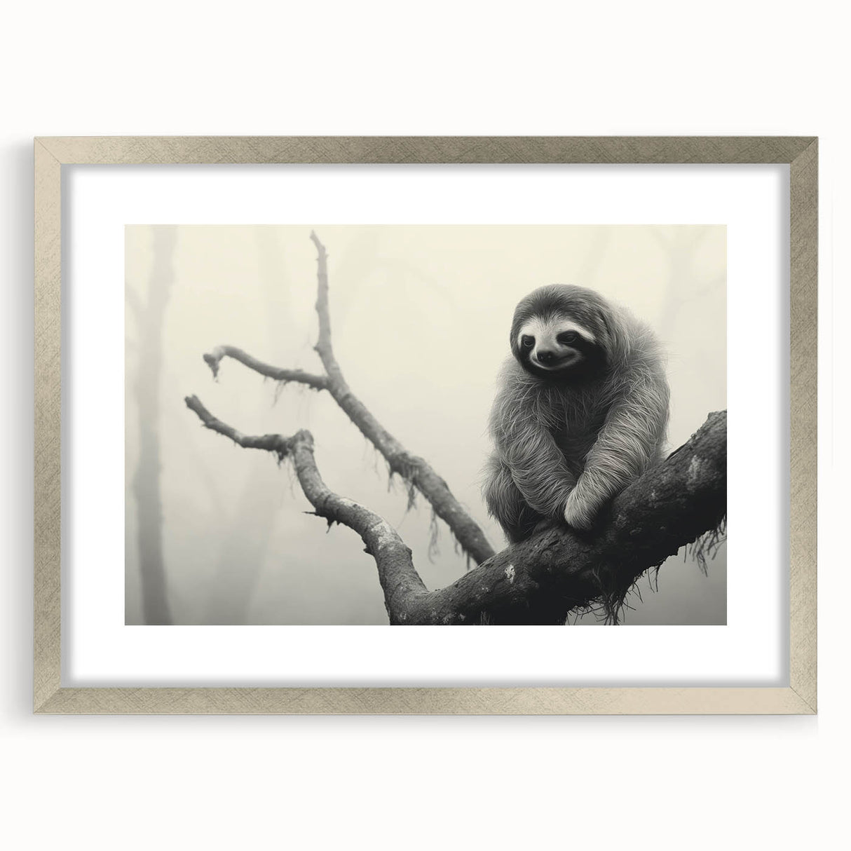 Framed wall art featuring a playful sloth design in a silver frame with a mat, ideal for animal lovers and home decor enthusiasts, adding a whimsical touch to any space.