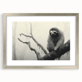 Framed wall art featuring a playful sloth design in a silver frame with a mat, ideal for animal lovers and home decor enthusiasts, adding a whimsical touch to any space.
