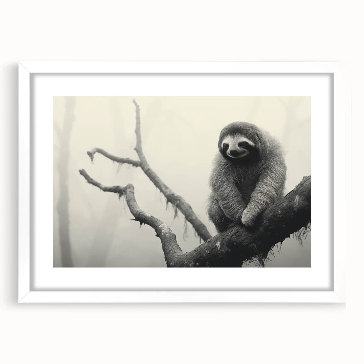Sloth-themed wall art design featuring a playful sloth hanging from a branch, framed with a white mat, perfect for adding a whimsical touch to home decor.