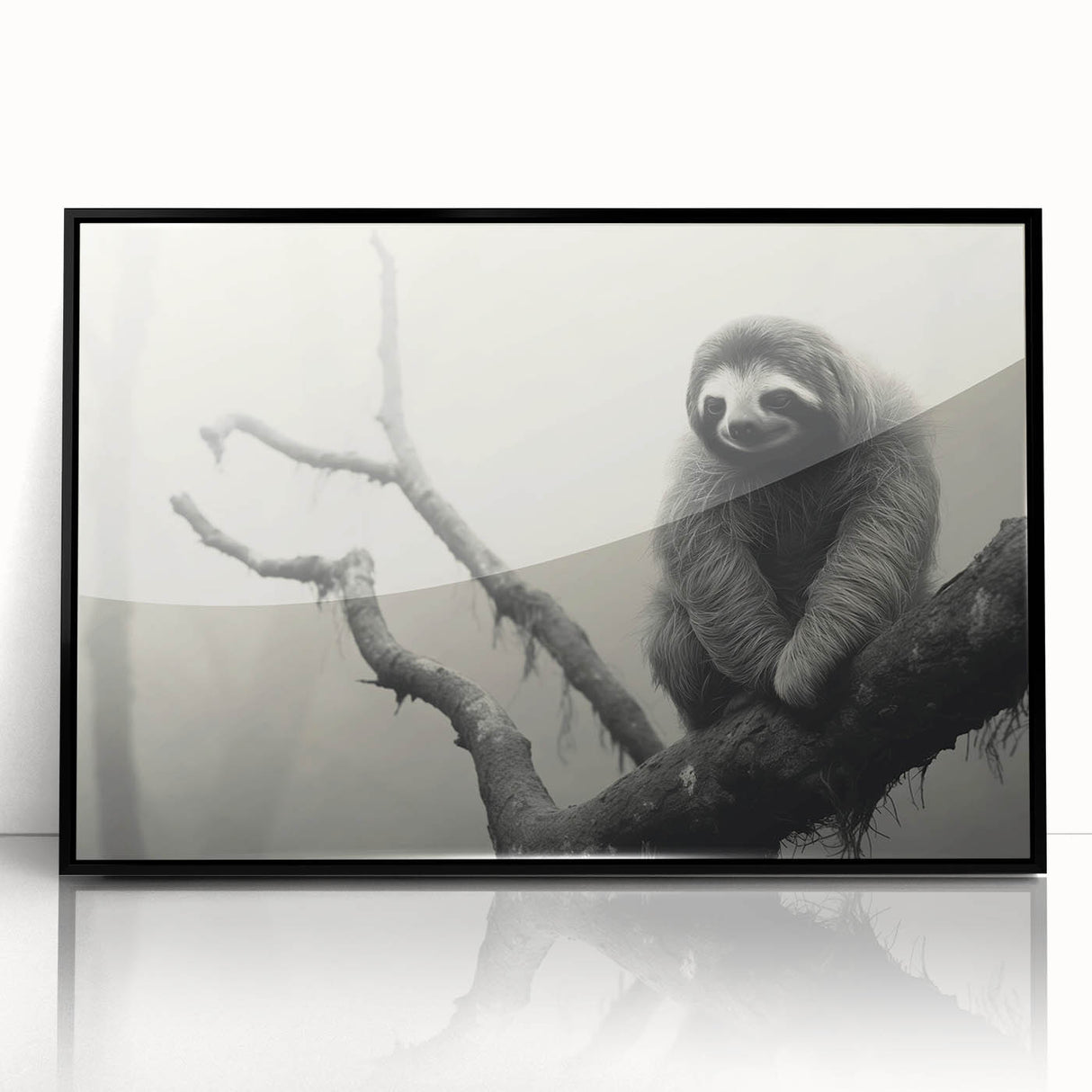 Framed wall art showcasing a sloth design in vibrant colors, set against a sleek black frame, ideal for animal lovers and nature-themed decor.