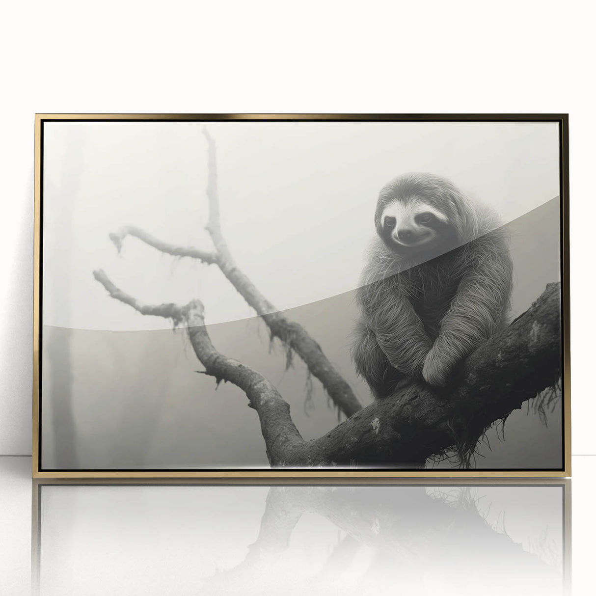 Framed wall art featuring a sloth design in vibrant colors, showcasing a gold-accented acrylic frame, perfect for adding a whimsical touch to nature-themed decor.