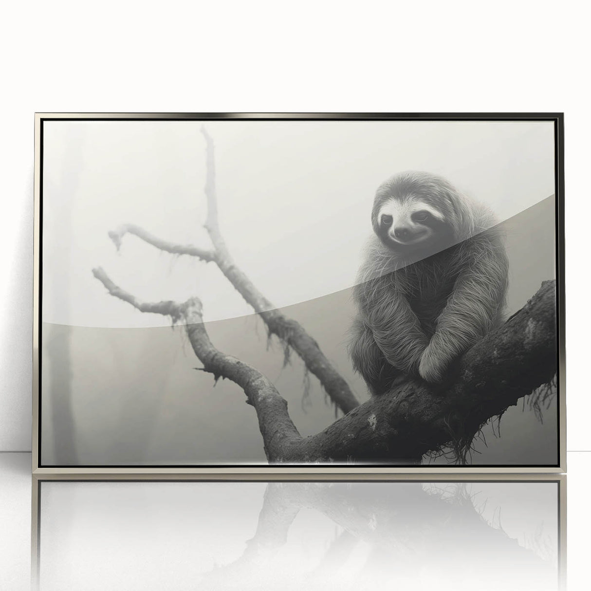 Framed wall art featuring a sloth design from the "Animals: A Wild Life" collection, showcasing a silver-acrylic frame that complements the colorful illustration. Perfect for nature lovers and home decor enthusiasts.