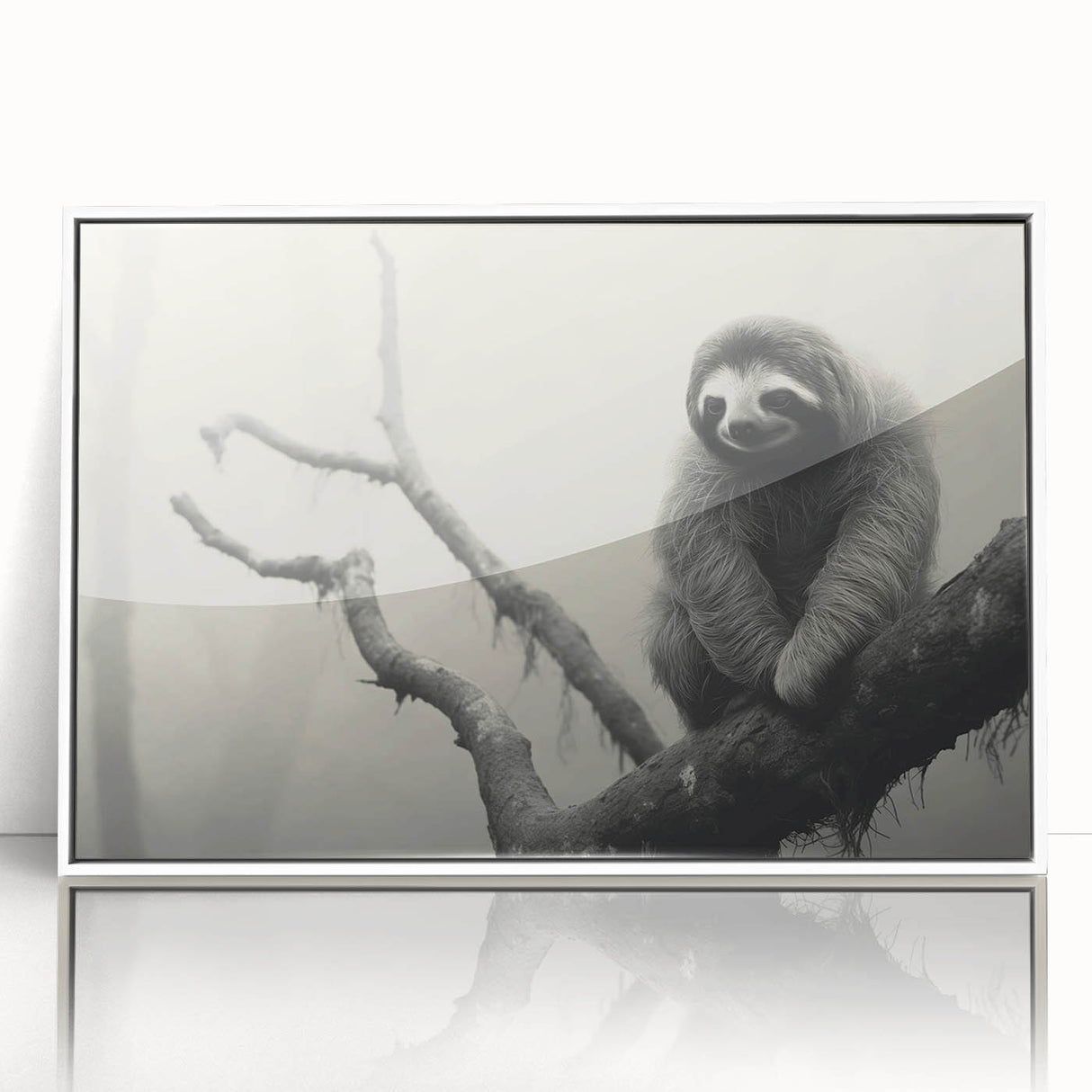 Framed acrylic wall art featuring a sloth design from the "Animals A Wild Life" collection, showcasing vibrant colors and a modern white frame, perfect for wildlife enthusiasts.