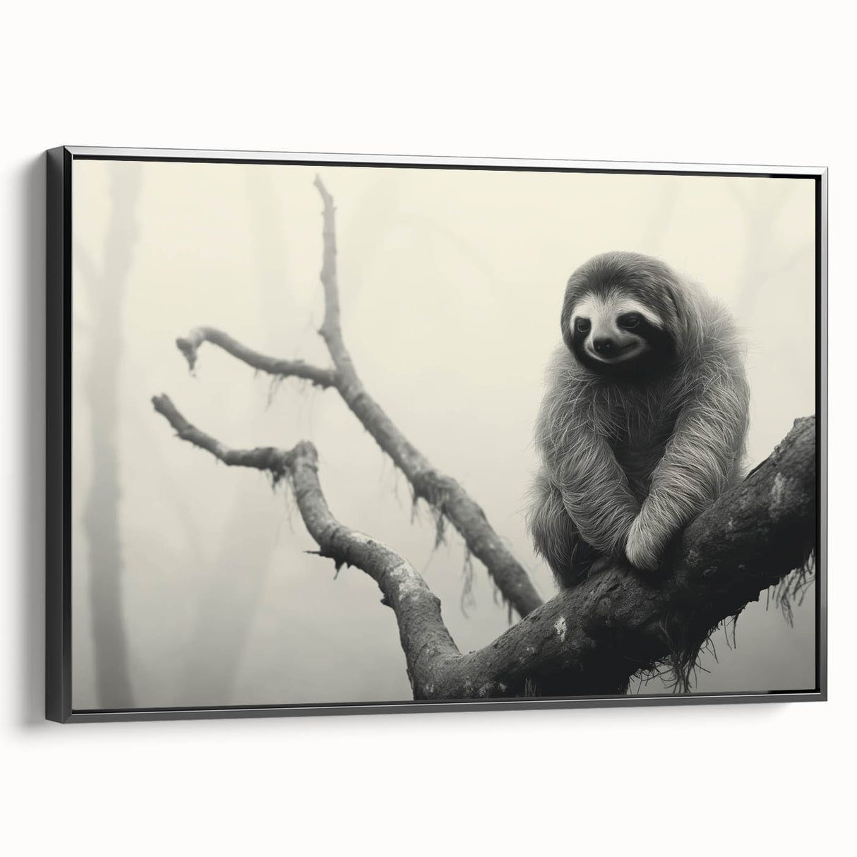 Framed wall art featuring a sloth design in a vibrant color palette, showcasing a black frame and side view perspective, perfect for animal lovers' home decor.