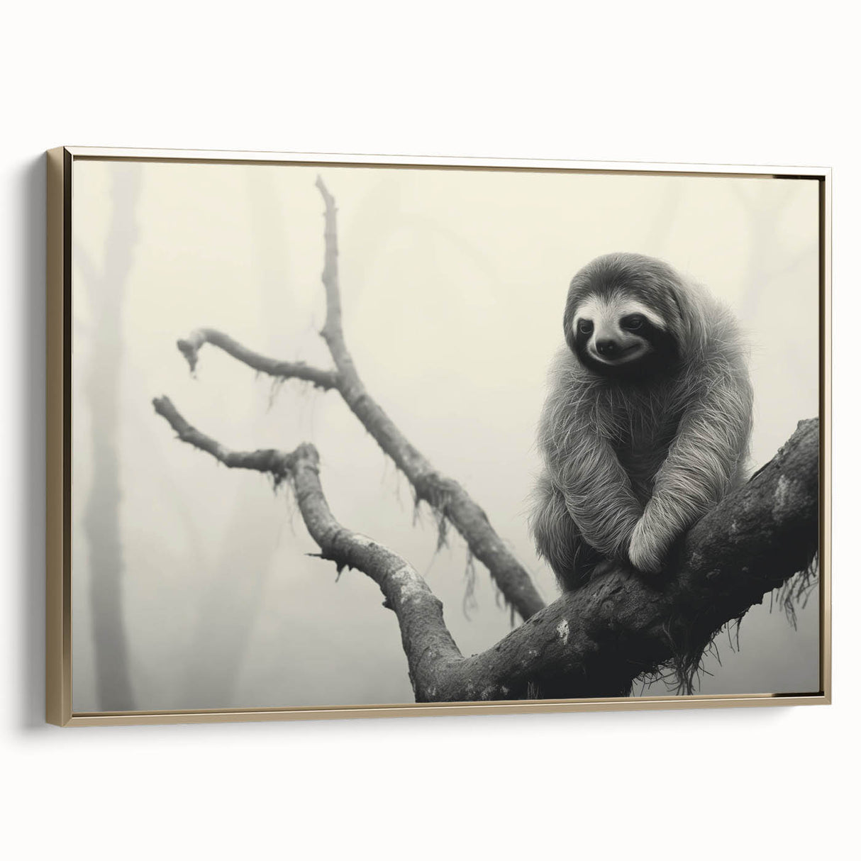 Framed canvas wall art featuring a sloth design in a gold frame, showcasing a whimsical nature theme perfect for animal lovers and home decor enthusiasts.