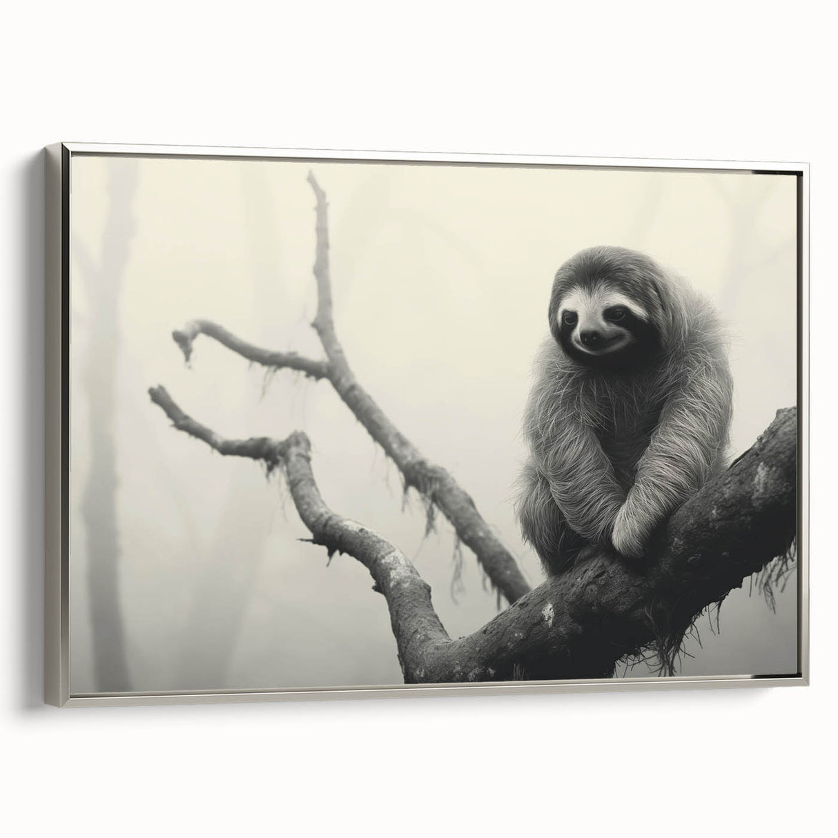 Framed wall art featuring a sloth design from the "Animals: A Wild Life" collection, showcasing vibrant colors and intricate details, set against a sleek silver frame. Perfect for animal lovers and modern decor enthusiasts.