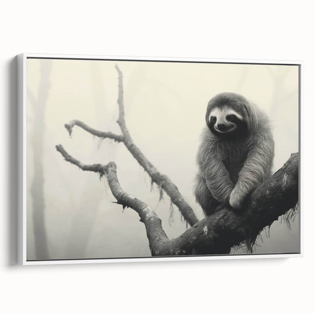 Framed canvas wall art featuring a sloth design, showcasing vibrant colors and detailed textures, displayed against a white background for a modern aesthetic.