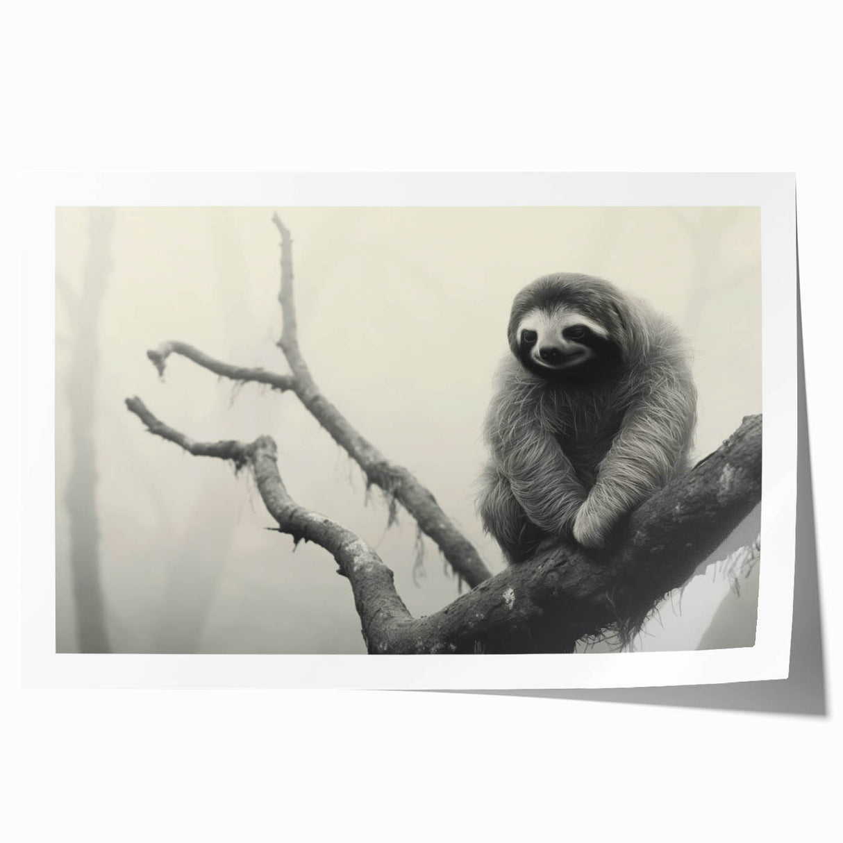 Sloth-themed wall art print showcasing a colorful, whimsical design featuring a sloth hanging from a branch, perfect for animal lovers and home decor enthusiasts. The rolled print is ideal for framing and adds a playful touch to any space.