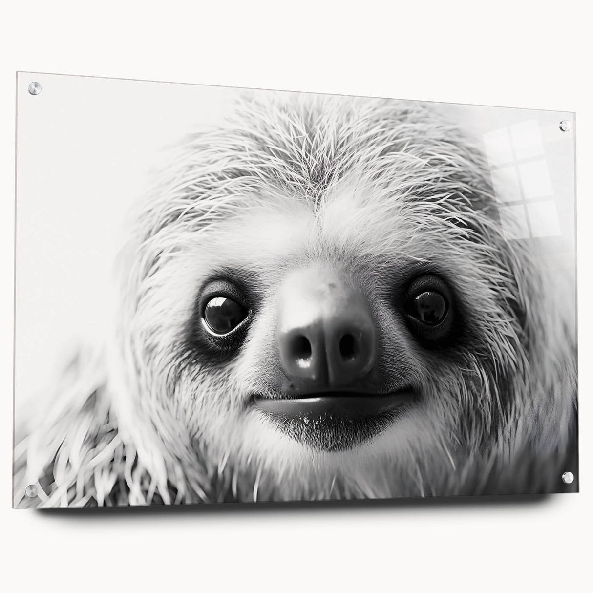 Acrylic wall art featuring a sloth design from the "Animals A Wild Life" collection, showcasing vibrant colors and a side view, mounted with decorative pins. Ideal for animal lovers and unique home decor.